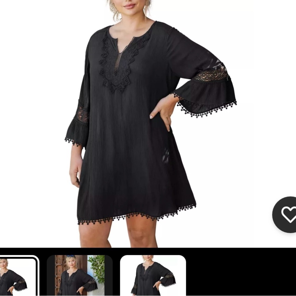 NWT-“Swimsuits For All”- Black Embroidered Rayon CoverUpBell Sleeve Size 30/32